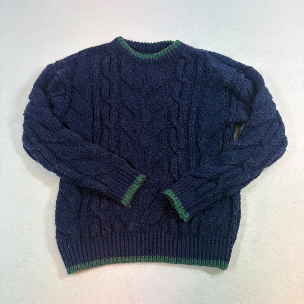 Fisherman Cable Knit Sweater Mens S Navy Blue Green Trim Crew Preppy Collegiate